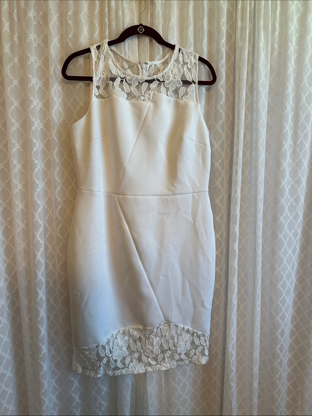 #890 Calvin Klein Ivory Lace-Trim Midi Sheath Dress